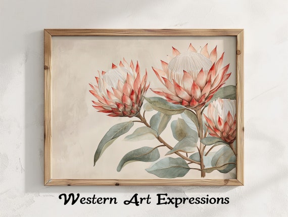 Watercolor Protea Blooming Botanical Wall Art Flower Print Vintage Floral Decor Nature Inspired Home