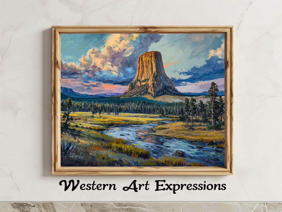 Devils Tower Wyoming Sunset Landscape Oil Painting Poster Artwork