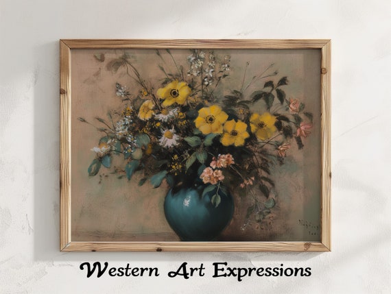 Yellow Flowers Blue Vase Vintage Floral Still Life Art Print Botanical Wall Decor Antique Flower Painting Gallery Artwork