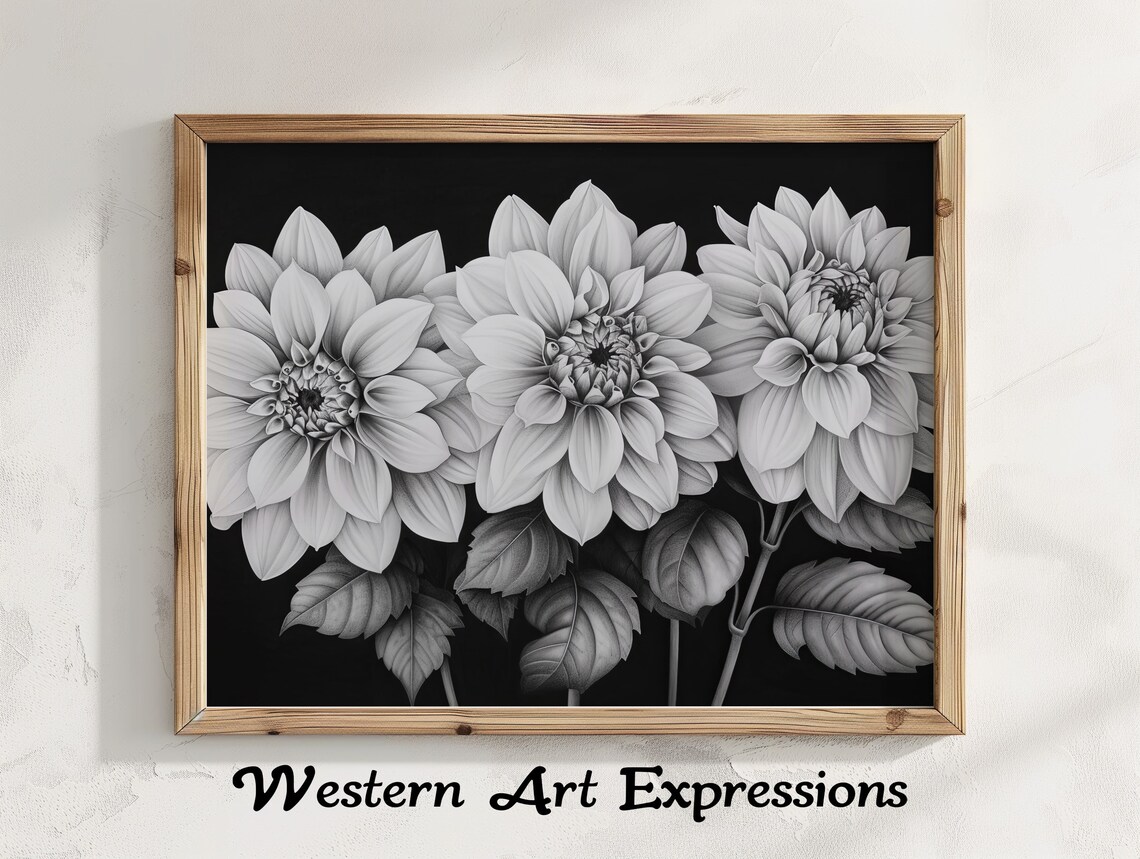 Dahlias Trio Monochrome Ink Drawing Modern Floral Black White Wall Art