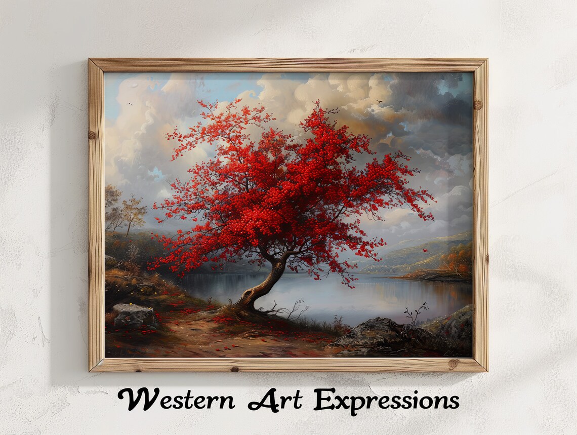 Red Autumn Tree by a Misty Lake Vintage Fall Landscape Poster