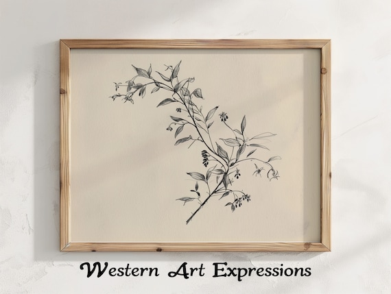Branch With Small Flowers Ink Drawing Vintage Botanical Illustration Wall Art Plant Poster Floral Artwork Print Home Decor