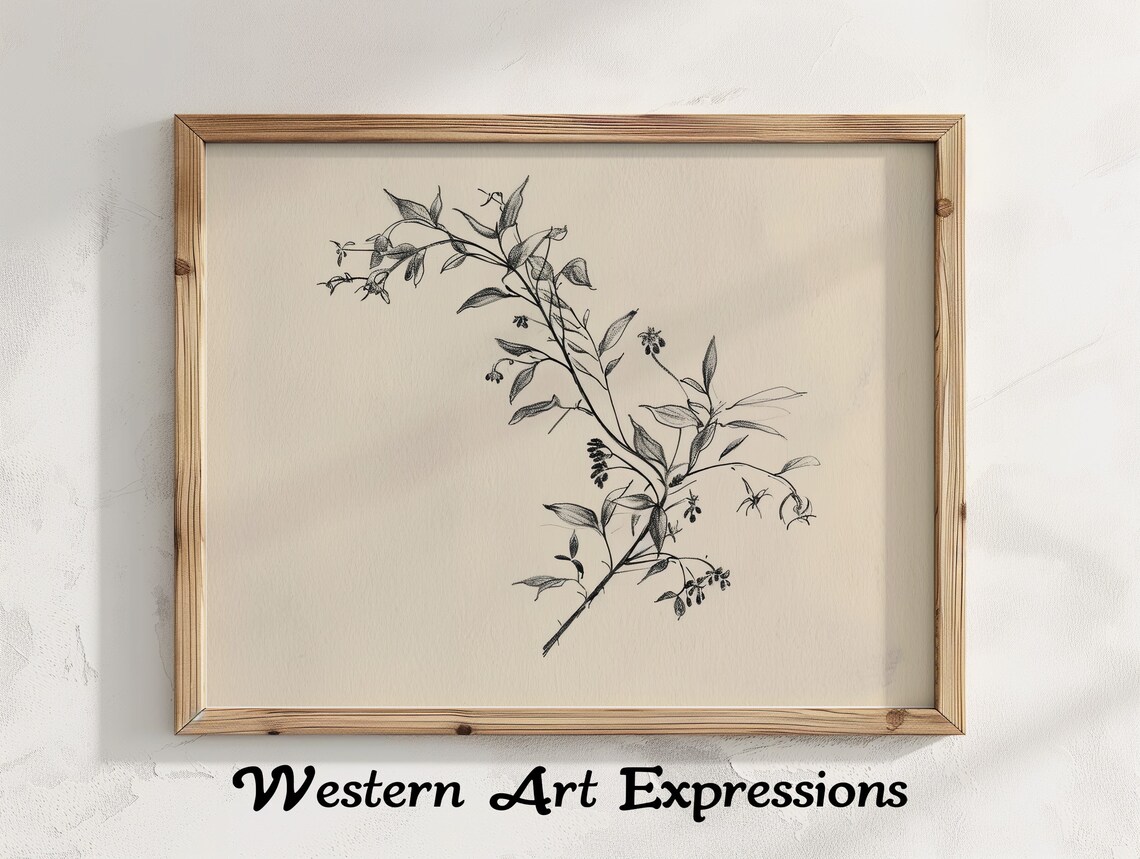 Flowering Branch Ink Drawing Vintage Botanical Garden Wall Print