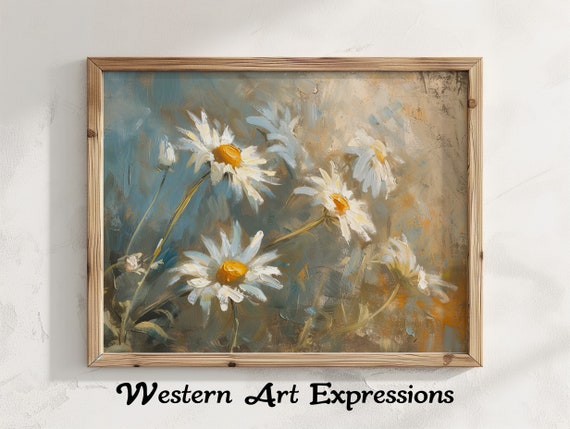 Daisies On Canvas Vintage Art Print Floral Wall Decor Botanical Painting Reproduction Bedroom Artwork