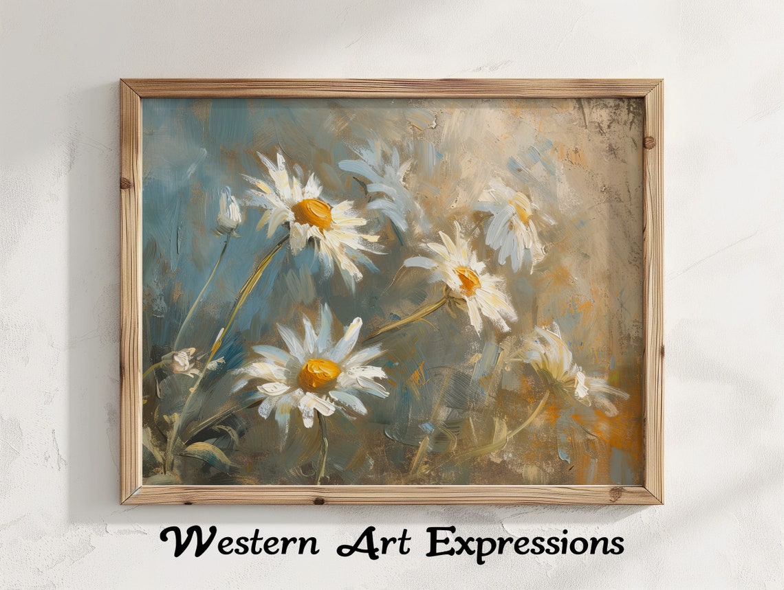Vintage White Daisy Oil Painting Rustic Floral Botanical Poster