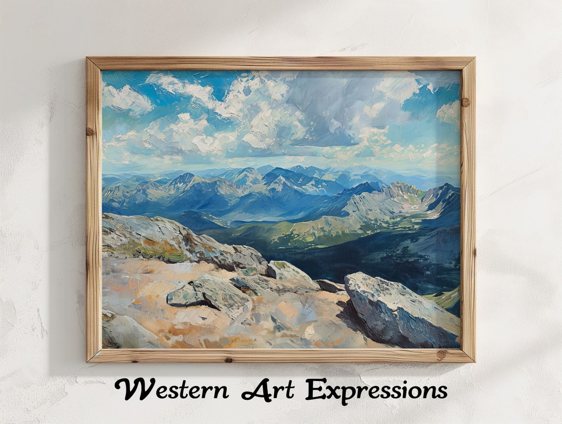Mount Evans Rocky Summit Panorama Under Blue Clouds Oil Art Poster