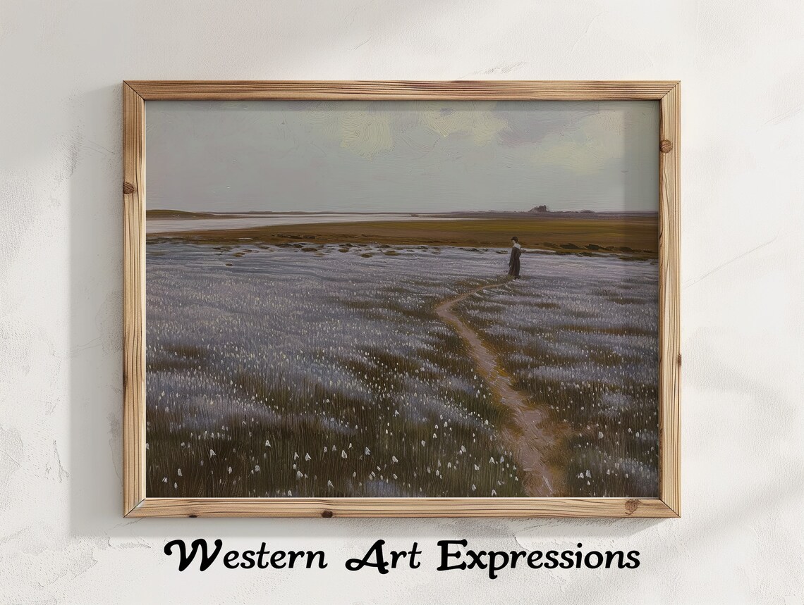 Lone Figure Walking Wetland Marsh Trail Moody Oil Painting Poster