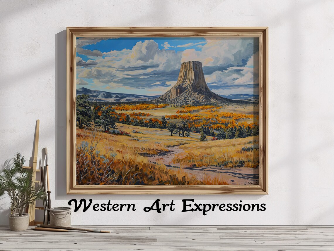 Devils Tower Wyoming Autumn Prairie Landscape Oil Painting Poster