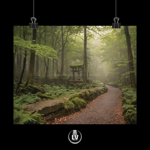 Misty Mossy Forest Path Stone Torii Gate Japanese Woodland Poster