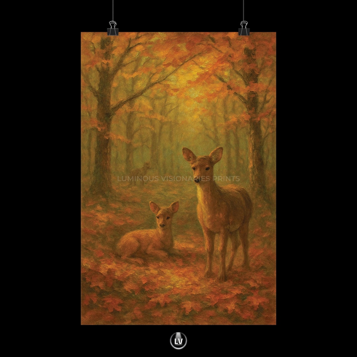 Doe and Fawn in Autumn Forest Golden Leaves Wildlife Painting Poster