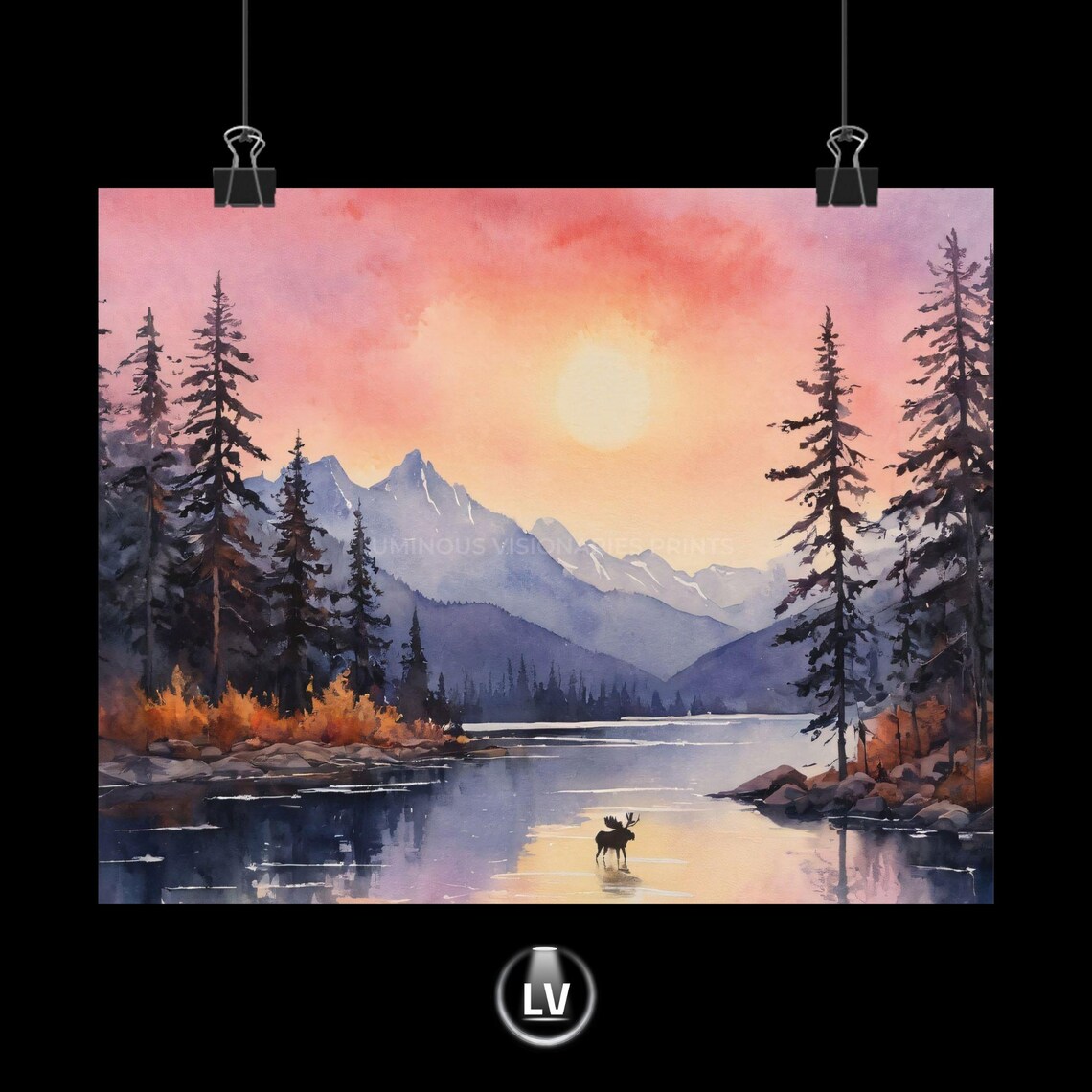Moose Silhouette Mountain Lake Sunset Watercolor Wilderness Poster