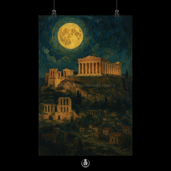Acropolis of Athens Moonlit Night Classical Oil Painting Poster