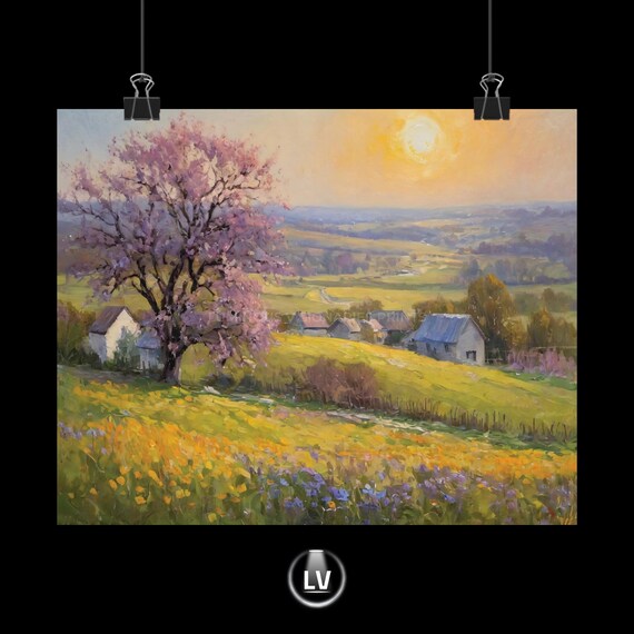 Blossoming Cherry Tree Spring Countryside Cottages Oil Painting Poster