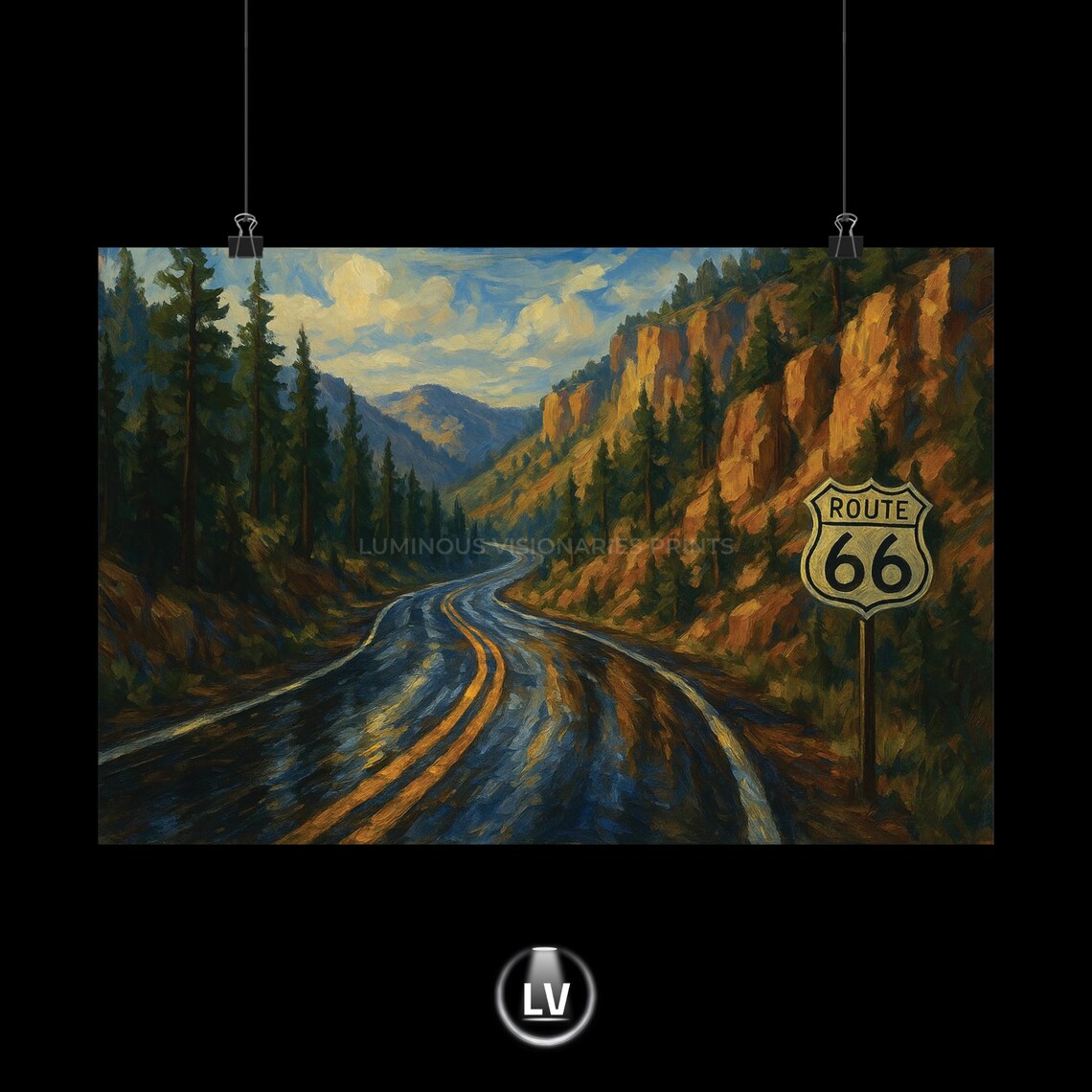 Route 66 Winding Canyon Road Sign Oil Painting Poster Retro Travel Artwork