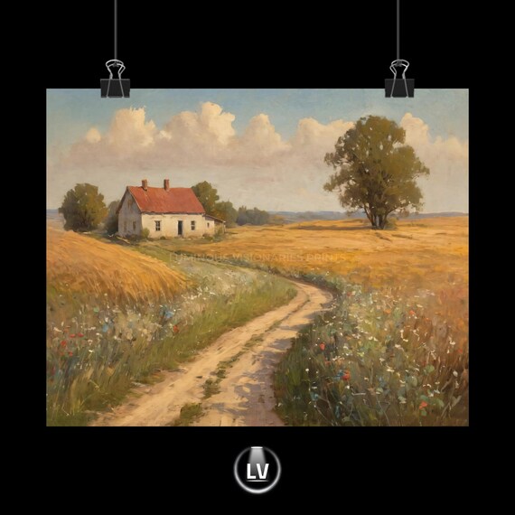 Country Cottage Red Roof Golden Wheat Field Vintage Landscape Poster