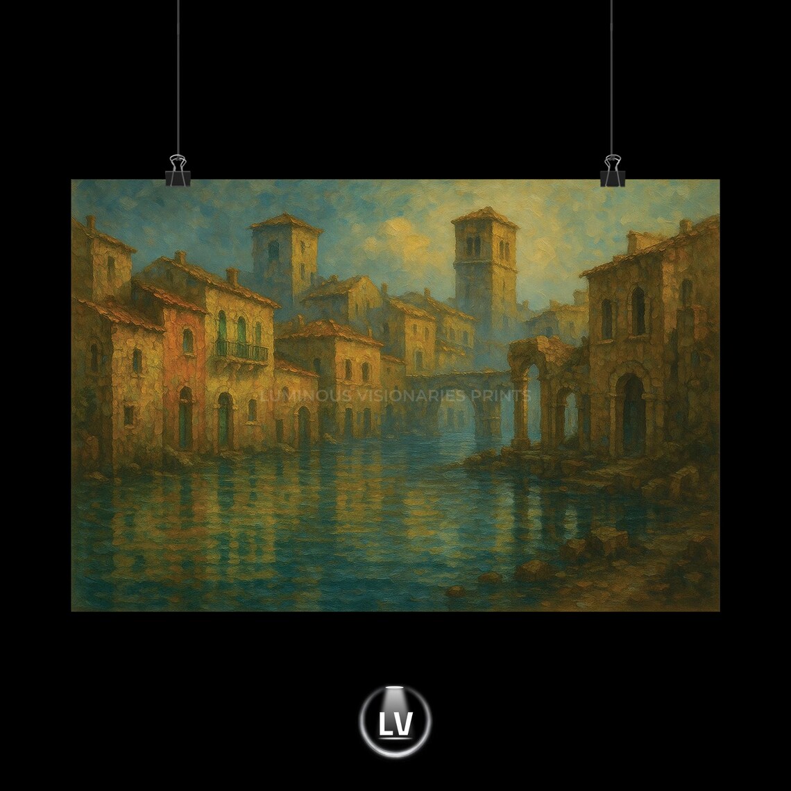 Old Italian Waterfront Stone Town Arches Reflections Oil Art Poster