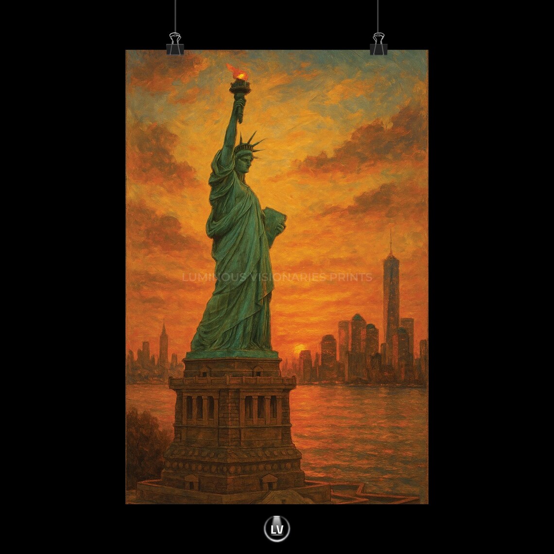 Statue of Liberty Sunset New York Skyline Oil Painting Poster