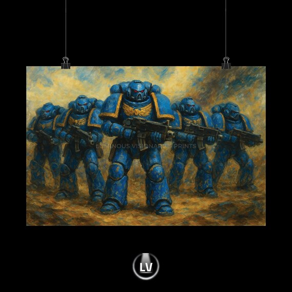 Space Marine Legion Front Line Poster Blue Armor Sci-Fi Battle Warriors