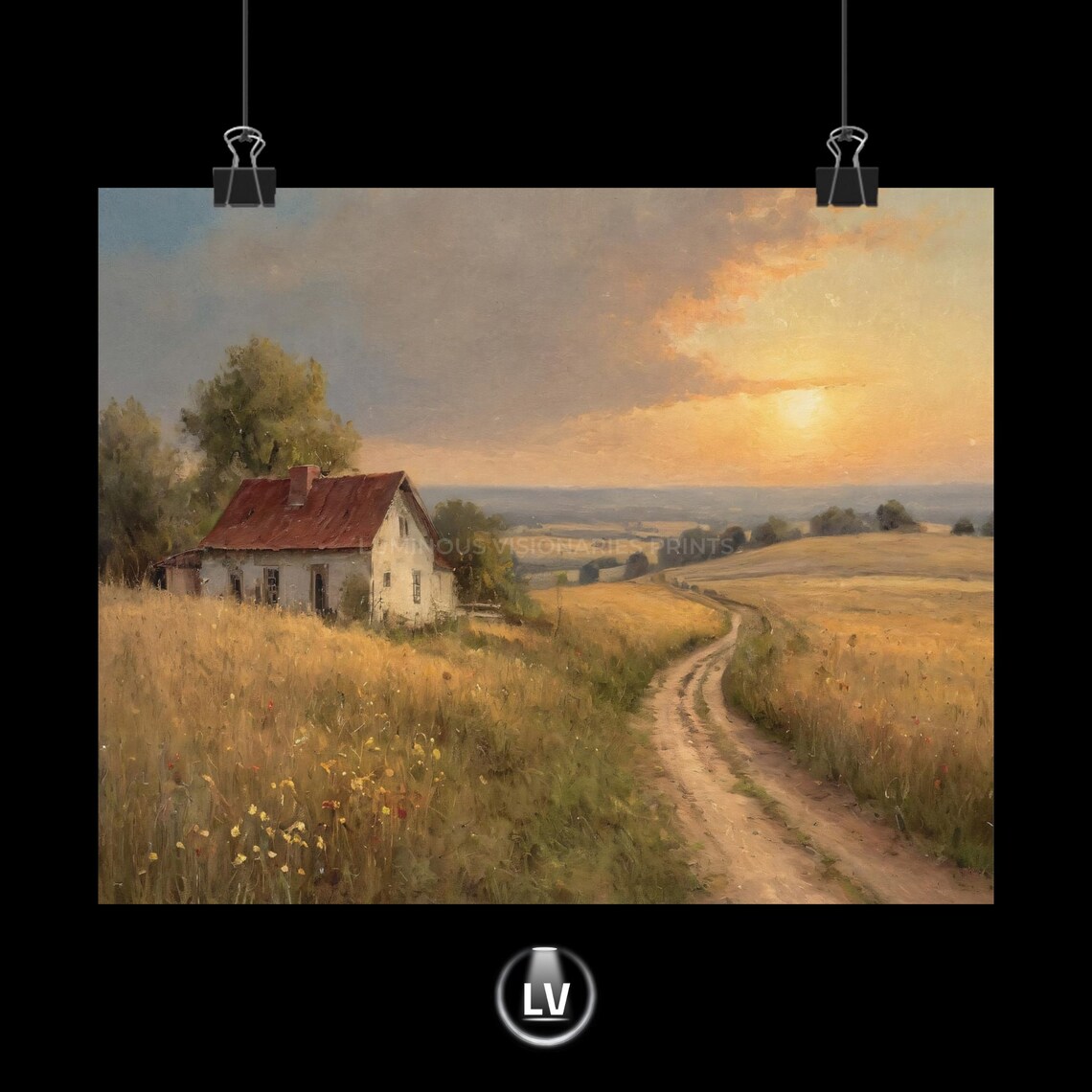 Sunset Country Cottage Golden Field Dirt Road Vintage Landscape Poster