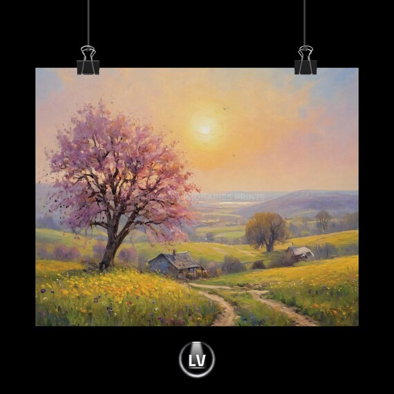 Blooming Spring Tree Sunrise Meadow Cottage Vintage Landscape Poster
