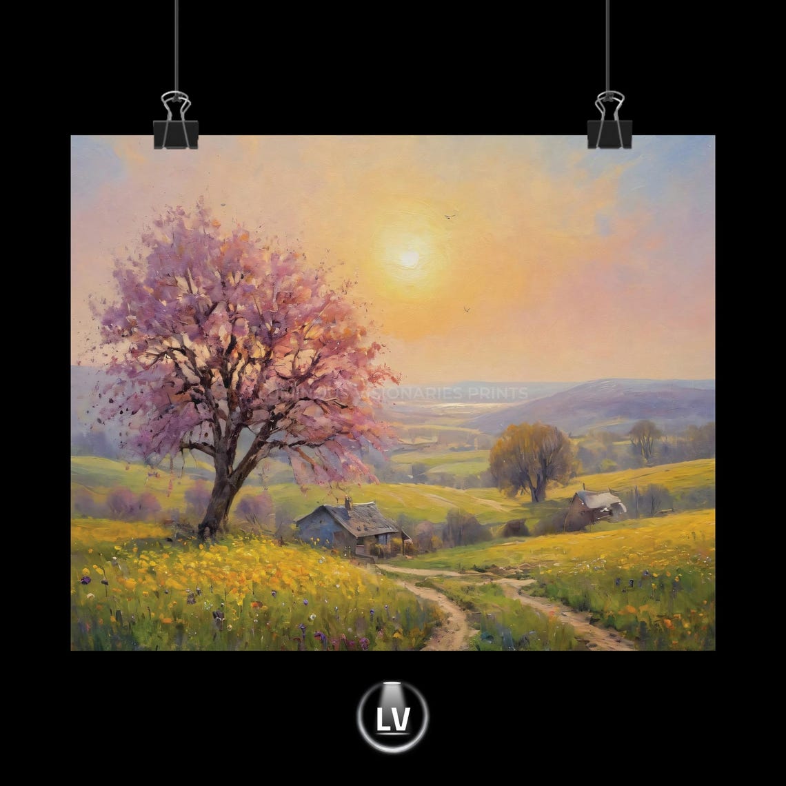 Blooming Spring Tree Sunrise Meadow Cottage Vintage Landscape Poster