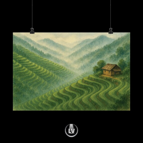 Misty Green Rice Terraces Mountain Hut Serene Landscape Poster