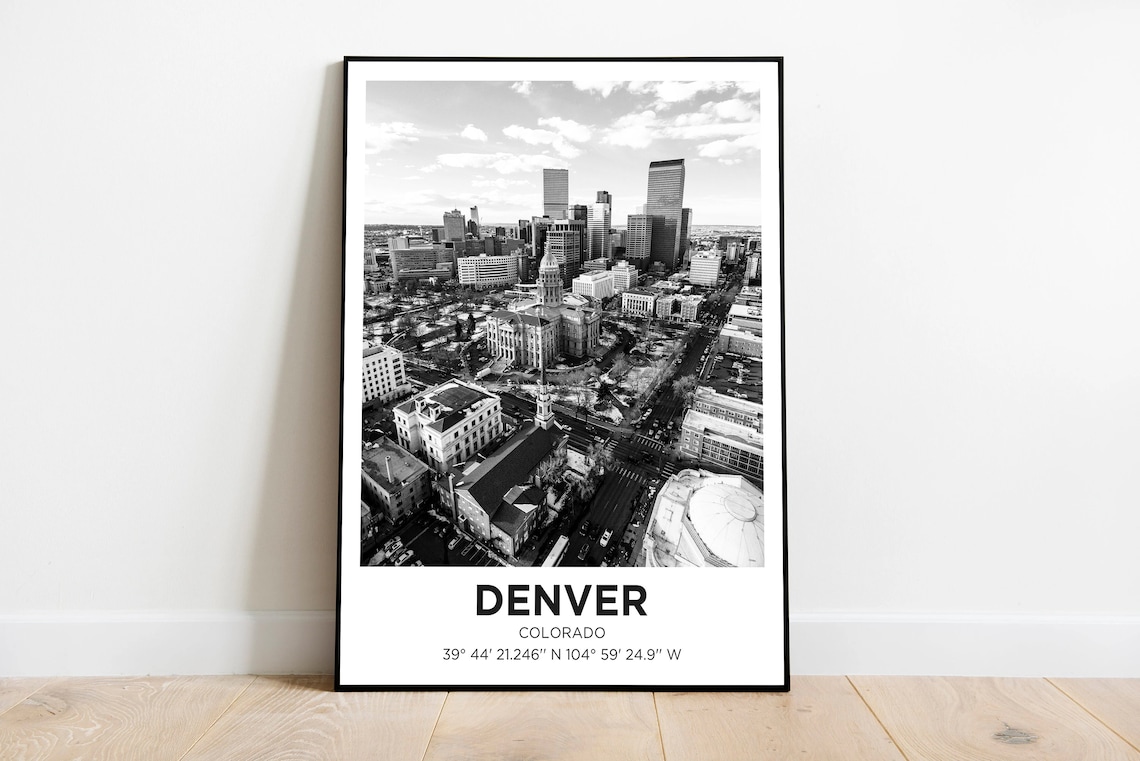 Denver Colorado Black and White City Skyline Photo Travel Poster