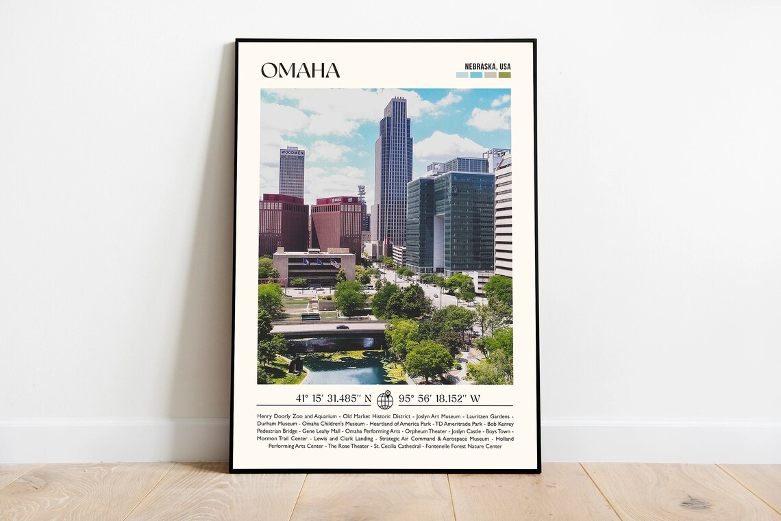 Omaha Nebraska USA Skyline Travel Poster With City Attractions List