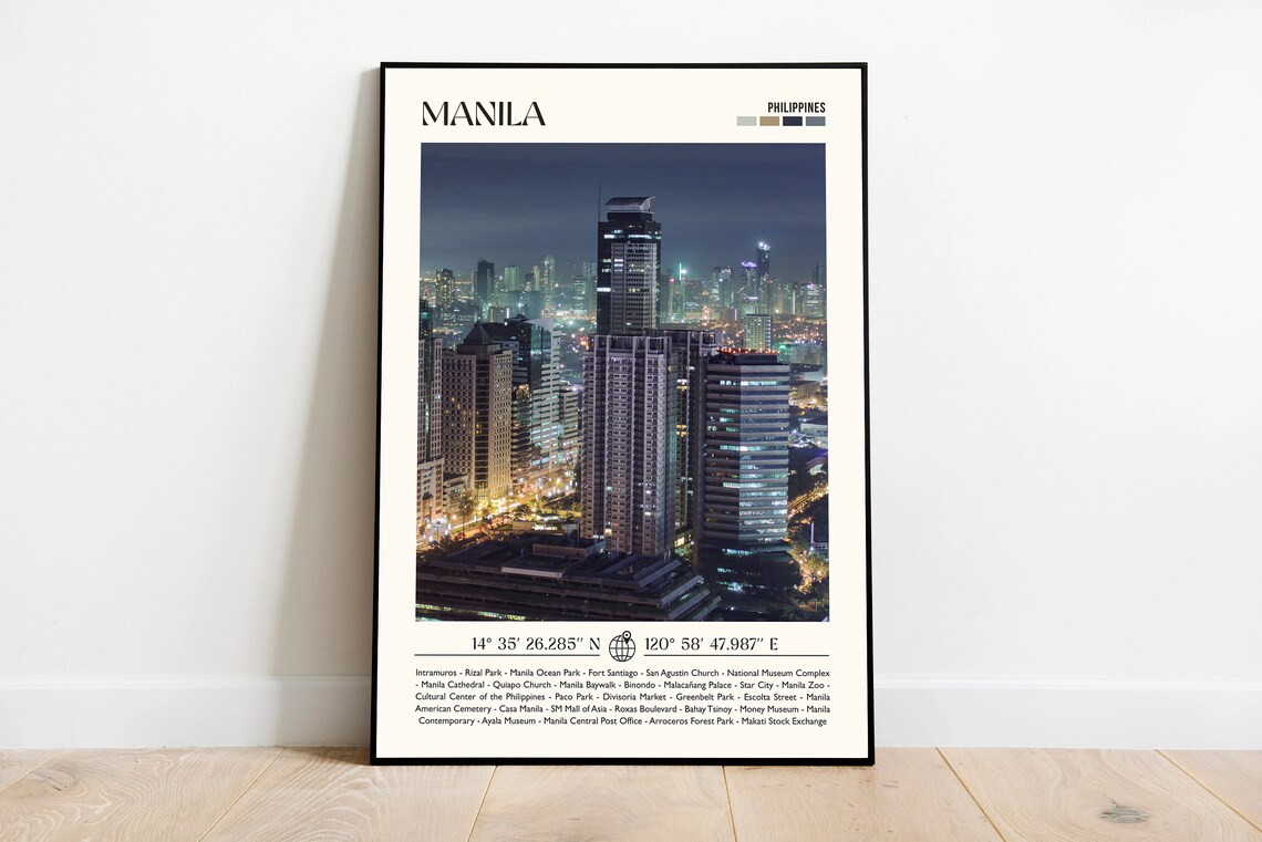 Manila Philippines Night City Skyline Vintage Style Travel Poster