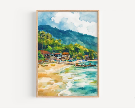 Koh Lanta Thailand Beach Boats Palm Watercolor Travel Poster