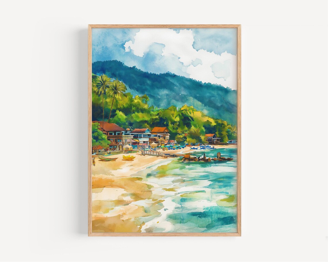 Koh Lanta Thailand Beach Boats Palm Watercolor Travel Poster