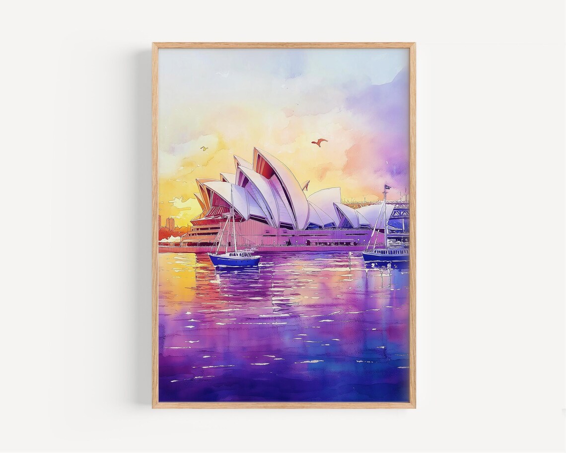 Sydney Opera House At Sunset With Boats Purple Harbour Watercolor Poster