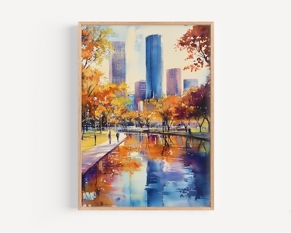 Houston Skyline Watercolor Poster Autumn Lake Reflection Scene