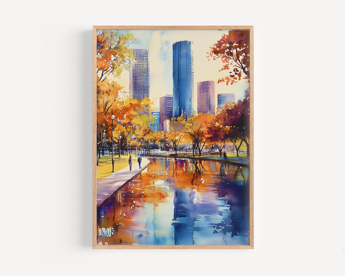 Houston Skyline Watercolor Poster Autumn Lake Reflection Scene