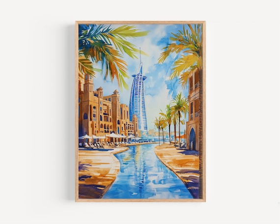 Dubai Marina Watercolor With Burj Al Arab Palm Canal Travel Poster