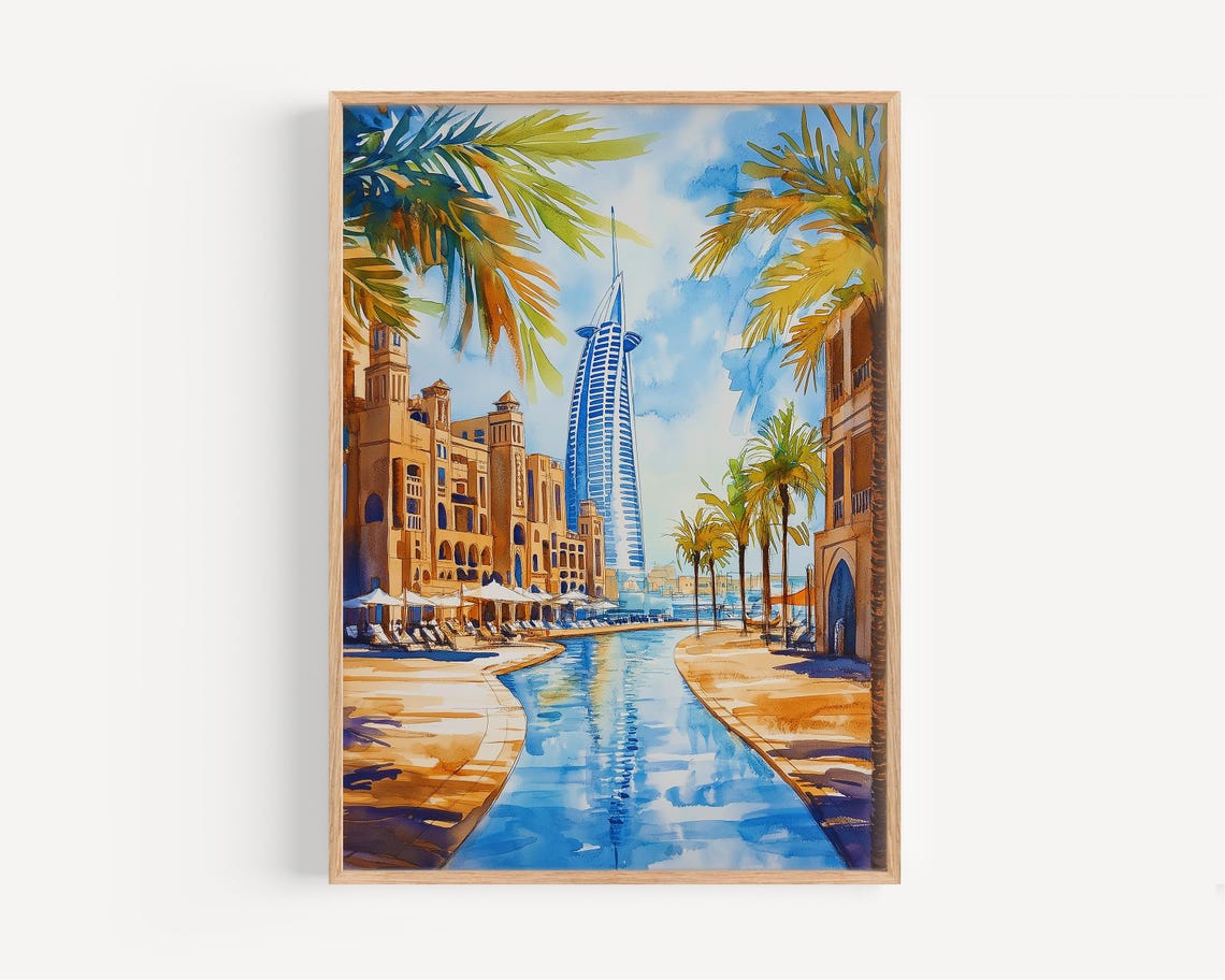 Dubai Marina Watercolor With Burj Al Arab Palm Canal Travel Poster