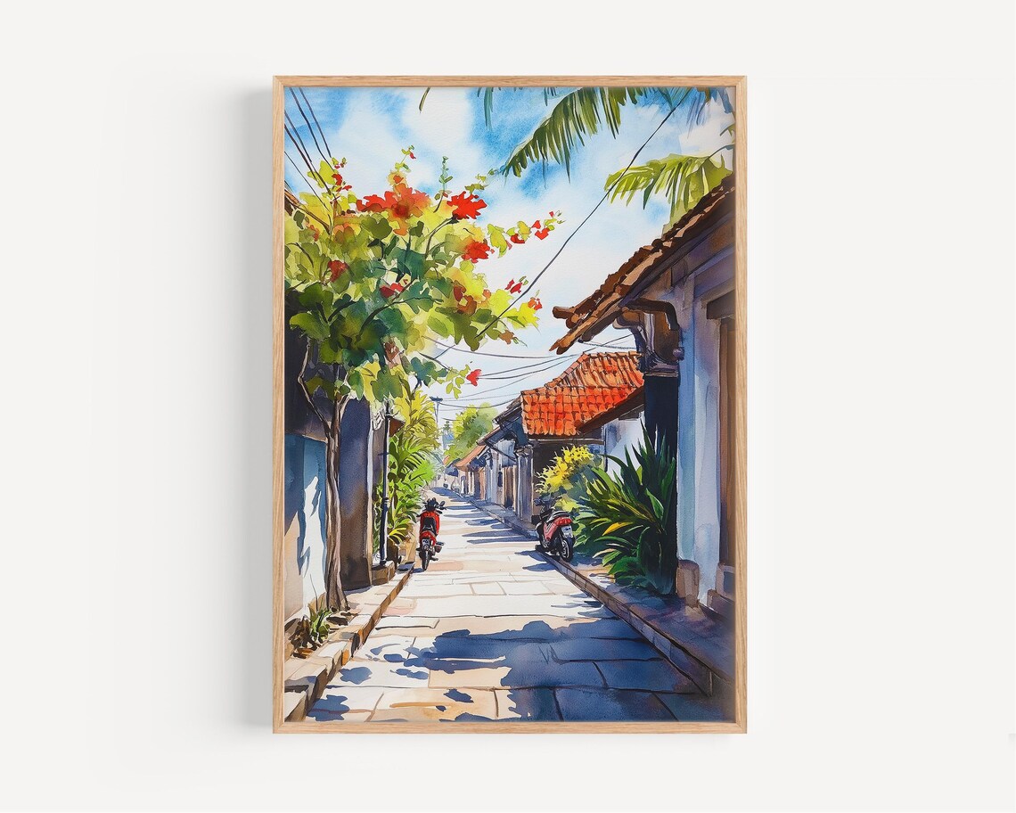 Denpasar Tropical Alley Bougainvillea Indonesia Watercolor Poster