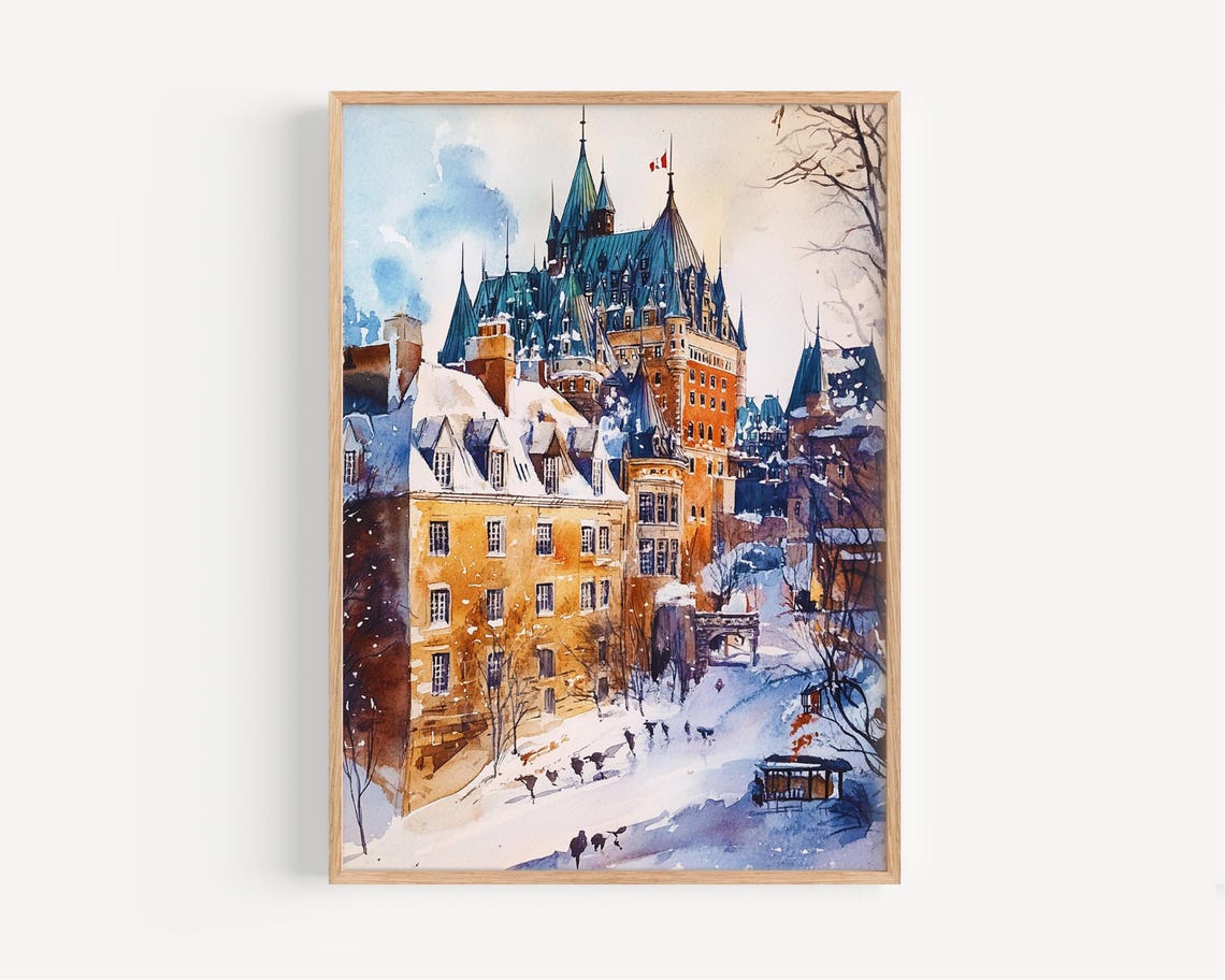 Quebec City Chateau Frontenac Snowy Winter Watercolor Poster
