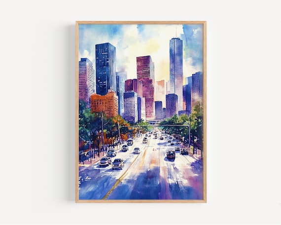 Houston Downtown Watercolor Poster Sunny Street Skyline View