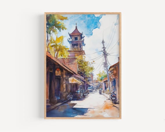 Denpasar Watercolor Painting Wall Art Print Travel Indonesia Decor Illustration Home Artwork