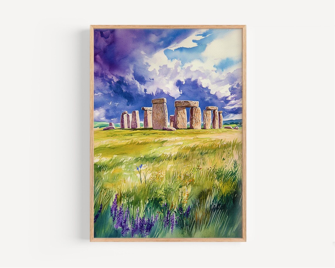 Stonehenge England Ancient Stones Purple Sky Watercolor Painting Poster