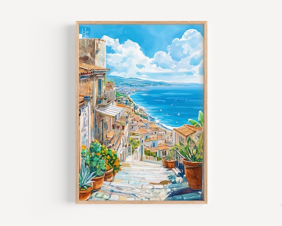 Sicily Watercolor Painting, Italy Travel Poster