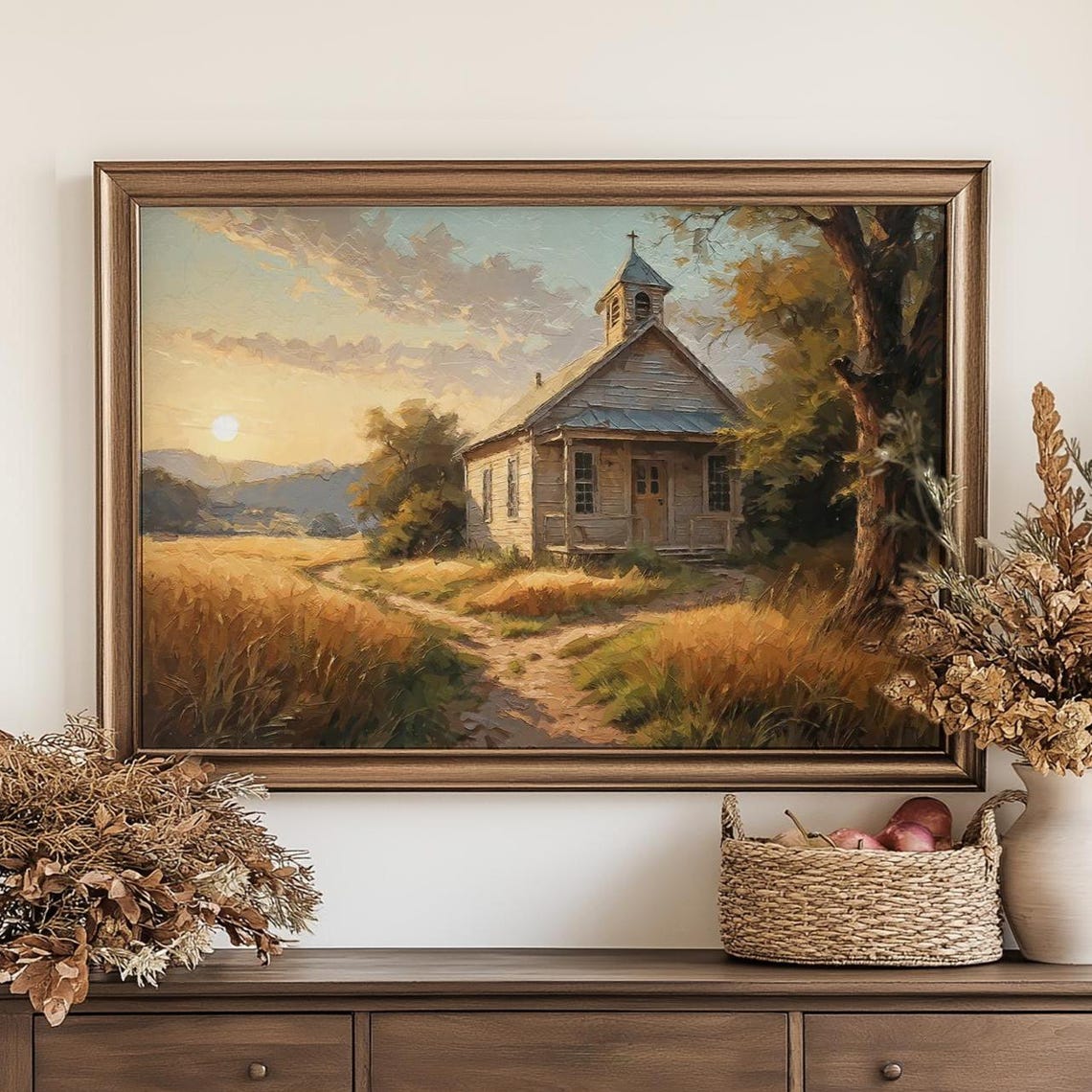 Rustic Country Chapel at Sunset Golden Field Oil Painting Poster