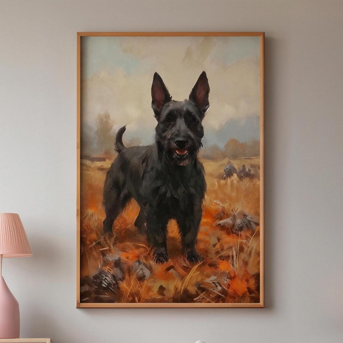 Black Scottish Terrier Rustic Painting Autumn Field Art Print