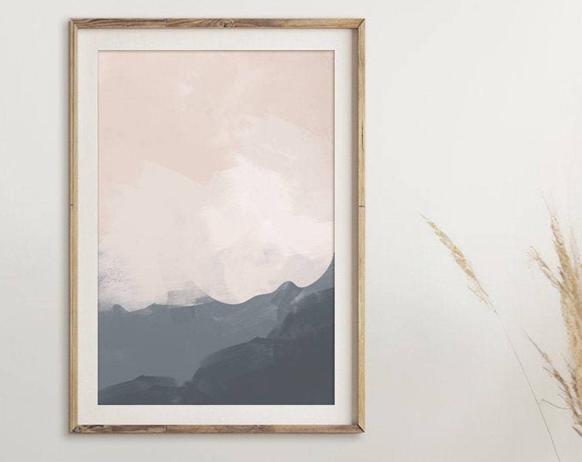 Blush Pink Clouds Over Blue Gray Mountain Waves Minimalist Poster - Image 3