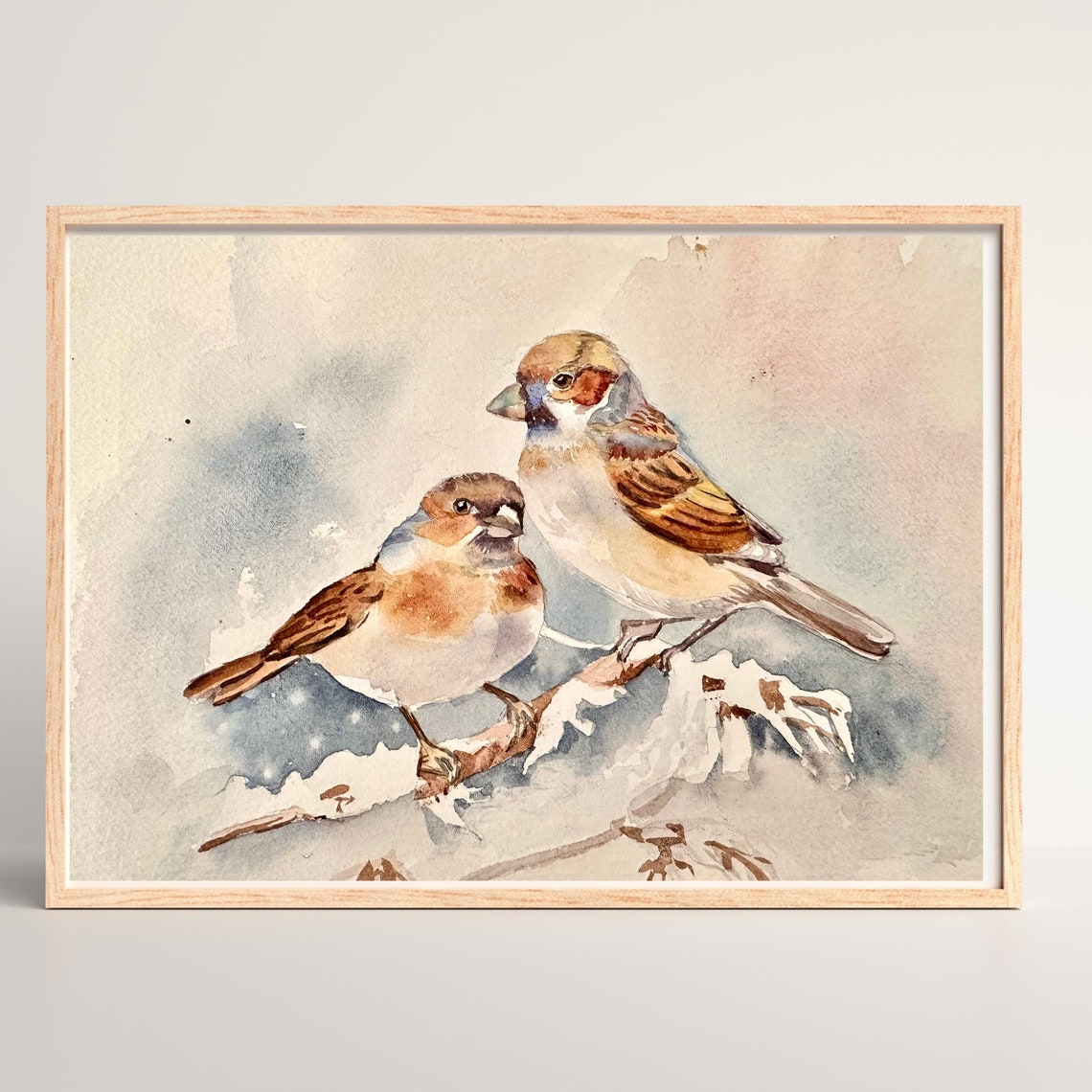 Two Sparrows Resting on Snowy Branch Winter Watercolor Painting Poster - Image 5