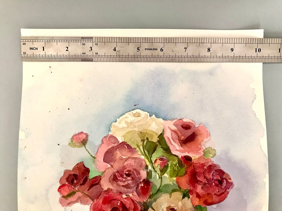 Bouquet of Pink and Cream Roses in a Green Vase Watercolor Poster - Image 2