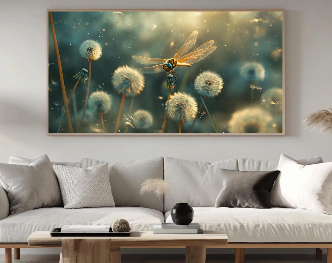 Golden Dragonfly Perched Among Glowing Dandelion Blooms Poster