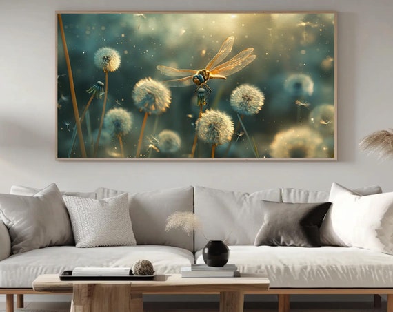 Dragonfly In Dandelions Elegant Nature Wall Art Framed Botanical Artwork For Living Room Bedroom Garden Room Ready To Hang