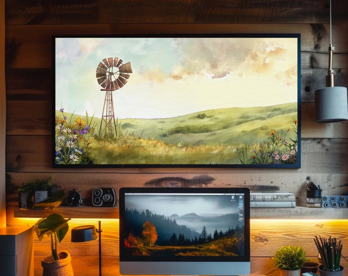 Rustic Windmill in a Rolling Green Countryside Meadow Poster
